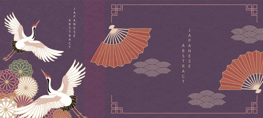 Fototapeta Oriental Japanese style abstract pattern background design daisy flower folding fan and bird crane obraz