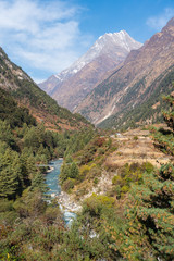 Namrung village in Manaslu circuit trekking route in Himalaya mountains range, Nepal