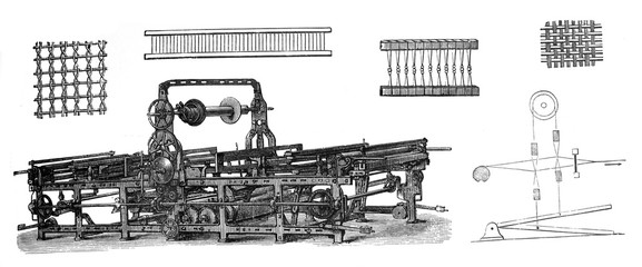 Antique manual  weaving loom or spinner machines  / Antique illustration from Brockhaus Konversations - Lexikon 1908