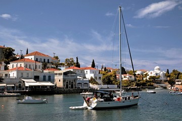 View of the old harbour in Spetses island, Saronic gulf, Greece, September 24 2015.