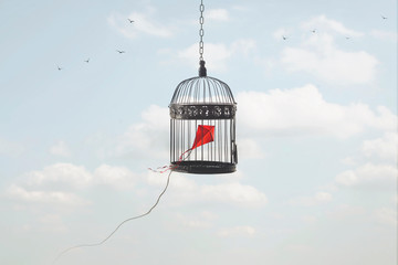 kite imprisoned in a cage in the sky; concept of taking away freedom