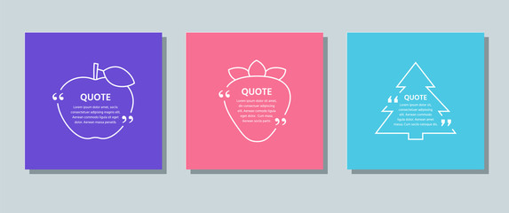 Quote frame box. Vector. Quotations text template. Set citations with white border on color background. Info comments, messages in textboxes. Simple creative concept. Modern design. Color illustration