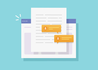 Writing and collaborate chatting content paper document online on website or creating electronic text web letter with sharing discussion vector flat cartoon illustration, doc editing modern image