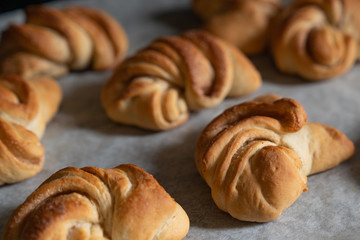 desserts, homemade croissants just pulled out of the oven still on parchment paper