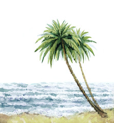 Watercolor landscape. Palm tree by the sea