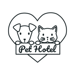 Vector flat line logotype for pet hotel service with cat and dog in heart
