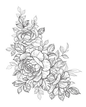 recommend clip art: Hand Drawn Floral Composition with Roses and Leaves