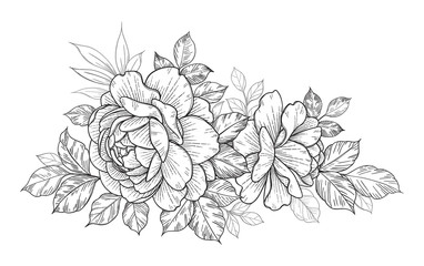 Hand Drawn Floral Bunch with Roses and Different Leaves