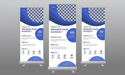 Modern Corporate  Business Roll Up Banner template with blue layout in Graphic elements.