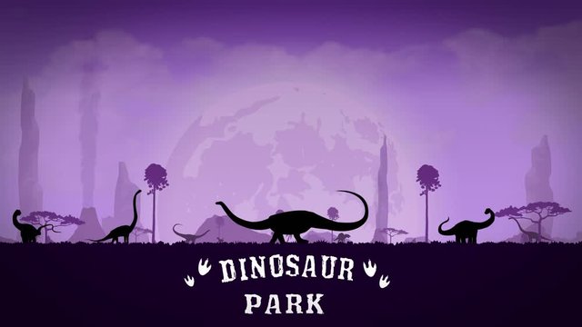 Video Dinosaur Park. Silhouettes of dinosaurs against the background of the night sky. Diplodocus silhouettes walk in the dinosaur park.