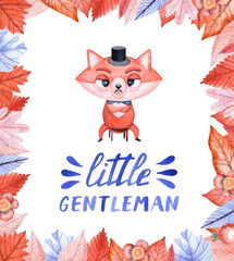 Watercolor card with a fox. The square frame of autumn orange leaves. Blue lettering "little gentleman". The childish intellectual character with a serious face. Childish character with a serious face