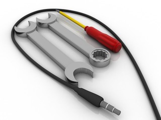 3d render Realistic metal wrench with spanner and cutting player near aux cable