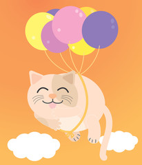 A Fat cat floating in the orange sky. There are purple and yellow balloons tied to the smiling cat. Illustration vector..