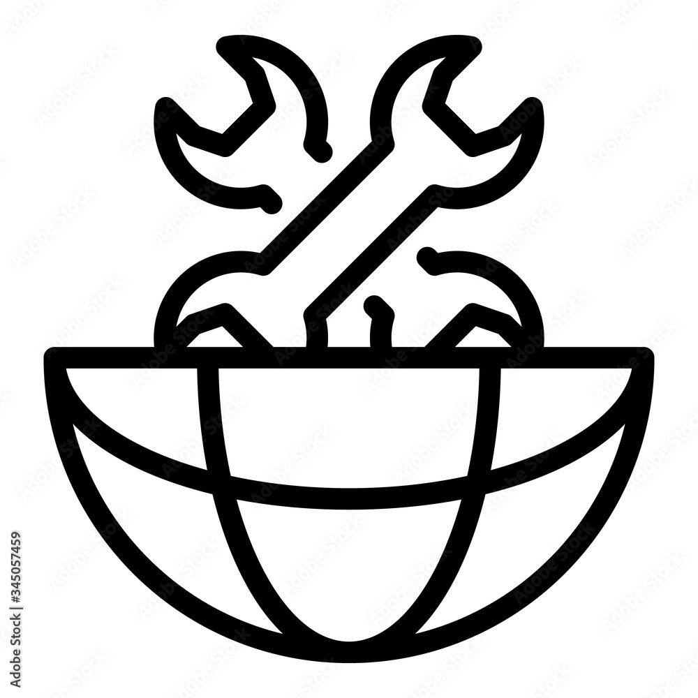 Poster Two wrenches in half a globe icon. Outline two wrenches in half a globe vector icon for web design isolated on white background