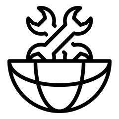 Two wrenches in half a globe icon. Outline two wrenches in half a globe vector icon for web design isolated on white background