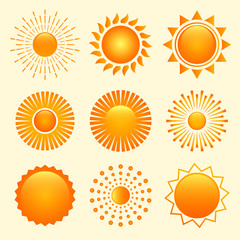 set of nine sun shapes icons in different styles