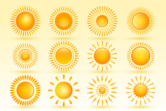 set of tweleve shiny sun in different shapes