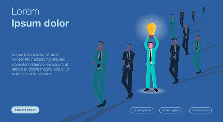 Great idea. A line of faceless businessmen. One businessman holds a glowing light bulb above his head. Business vector concept illustration.