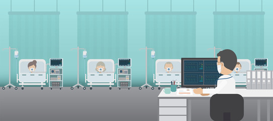 Doctor with group of critical patients and ventilators flat design vector illustration