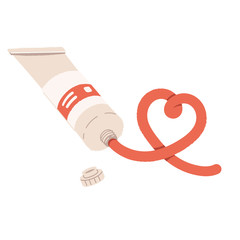 Tube of red paint draw a heart. Painting studio, concept of learning drawing