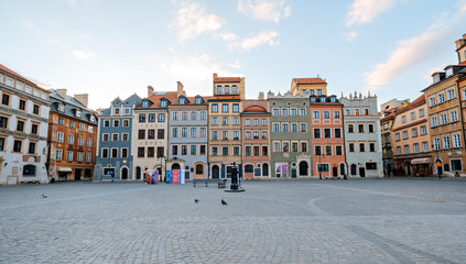 Old town square in Warsaw in spring day. Empty streets, no people