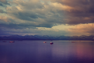 Seascape with a view of Avachinsky Bay and ships