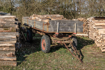 Ein landwirtschaftlicher Anh&auml;nger mit Brennholz / Ofenholz