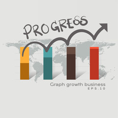 Progress graph business on the world map. Business development to success and growing growth concept. Business growth abstract background. Pointing arrow graph corporate future growth plan.