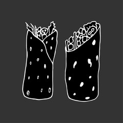 Burrito - mexican traditional food. Fast food. Hand drawn sketch doodle. Vector illustration for menu, poster, web and package design. Isolated on grey background.