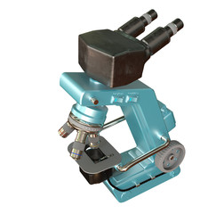 Blue electronic microscope with fictional design isolated on white background - highly detailed photorealistic medical 3d illustration, microscopy discovery concept