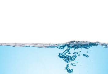 Clean light blue water wave and bubbles air isolated on white background