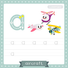 Letter A lowercase  tracing practice worksheet. Aircraft