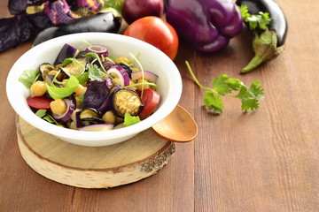 Eggplant Salad with Chickpeas and Fresh Vegetables,  copy space