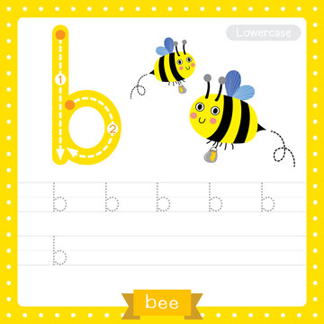 Letter B lowercase tracing practice worksheet. Happy Bee flying