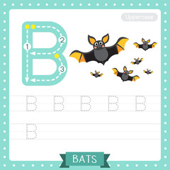 Letter B uppercase tracing practice worksheet. flying Bats