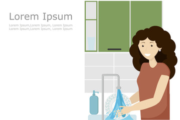 Lovely girl with curly hair washes a plate under water in a cozy kitchen. The concept of cleaning after receiving write. Vector image in a flat style.