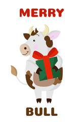 Cute bull is preparing for the celebration of Christmas. A cow is holding a gift in a green orbit with a red ribbon. Happy New Year greeting card concept with chinese new year symbol.