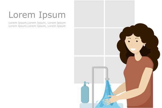The girl washes her hands under water protecting herself from viruses and germs. simple hygiene pandemic banner concept. Vector image in a flat style.