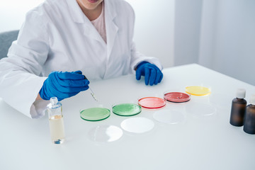 Close up of a Female Scientist dropping with a pipette a drop sample into a Petri dish in a modern...