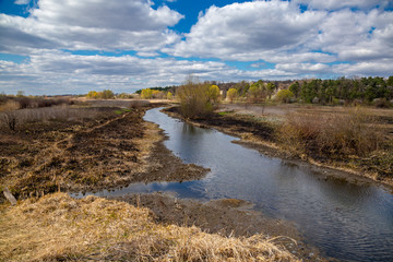 Spring riverbank after fires in the forest and steppe.
