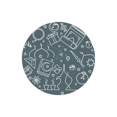 Islamic line icons circular shaped. Ramadan Kareem icons symbols in circle pattern. Modern vector illustration of Islamic icons for web page template, print media, banner, background, poster, flyer.
