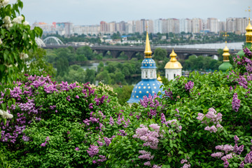 Fototapeta na wymiar Trinity Monastery of St. Jonas Kiev Ukraine travel Europe spring in lilac flowers