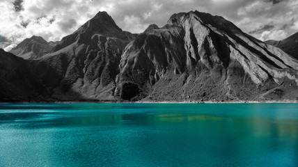 Colors turquoise of the lake Morasco and mountain black and white landscape