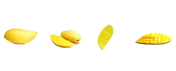 Famous Thai Fruit - Diced Half of Single Yellow Barracuda Mango Isolated white background - Delicious sweet juicy meat - Eat raw or ingredient thai dessert - or golden mango cube