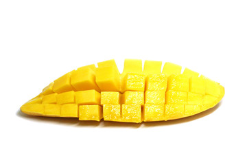 Famous Thai Fruit - Diced Half of Single Yellow Barracuda Mango Isolated white background - Delicious sweet juicy meat - Eat raw or ingredient thai dessert - or golden mango cube