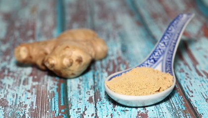 Dry ginger spice in powder on rustic decorative spoon close up, piece of fresh ginger in soft focus next to, on old wooden table pianted with peeling blue color
