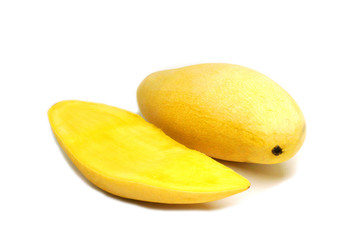 Famous Thai Fruit - Half of Single Yellow Barracuda Mango Isolated white background - Delicious sweet juicy meat - Eat raw or ingredient thai dessert 