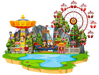 Scene with many children playing rides in the funpark