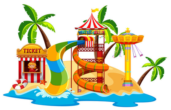 Scene with waterslide and swing by the beach