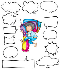 Different shapes of speech bubbles and boy in bed